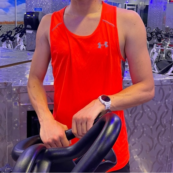 UNDER ARMOUR MEN NEON ORANGE REFLECTIVE SILVER HEATGEAR TANK TOP VEST SHIRT JOCK - Picture 5 of 15